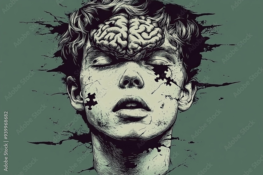 Aufkleber surreal portrait of a person with a brain exposed representing raw emotions mental health struggles 