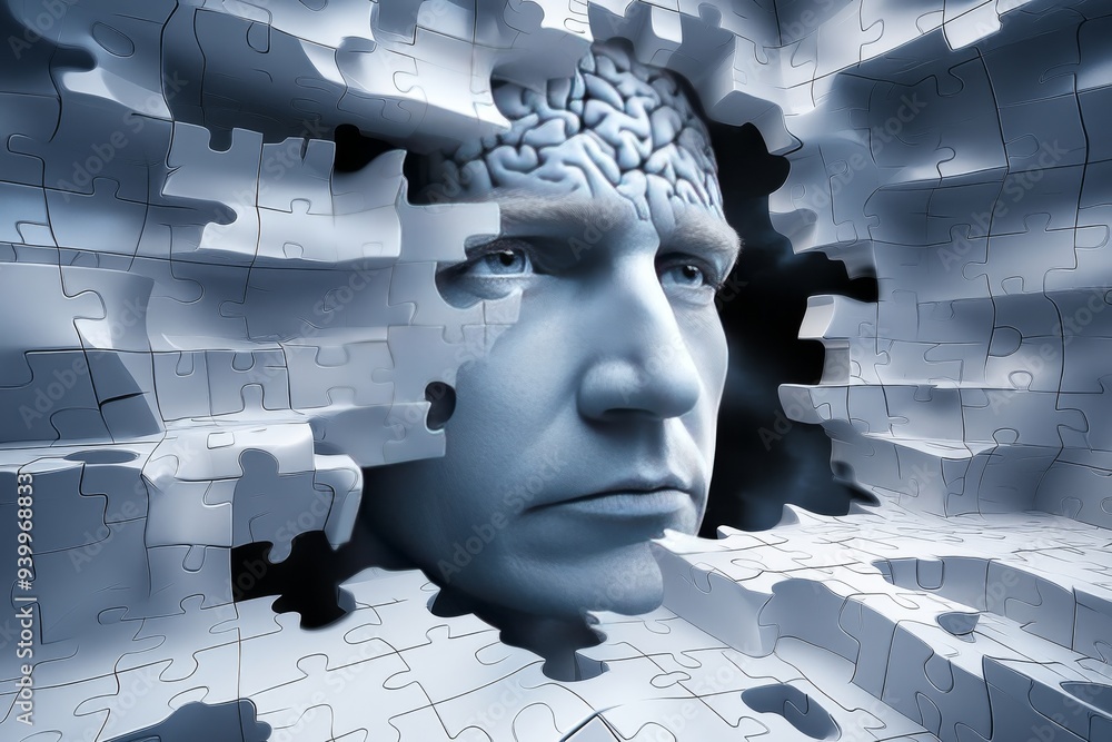 Poster surreal depiction of a human head fragmented into pieces representing the complexity of thought cogn