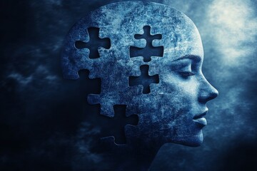 Abstract profile of a person with puzzle pieces representing the fragmented nature of thought memory and the quest for wholeness in an enigmatic and atmospheric setting