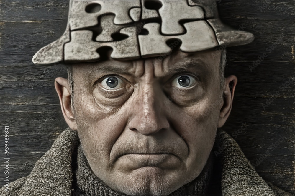 Poster portrait of an elderly man with a hat made of puzzle pieces symbolizing the puzzle of aging memory l