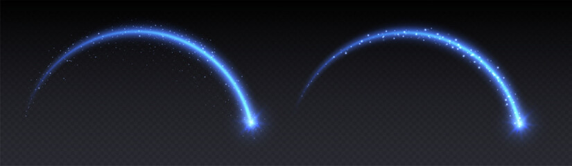 Shooting star light effect, magic arch with sparkles, glowing meteor with trail, shiny star in motion. Christmas vector illustration.