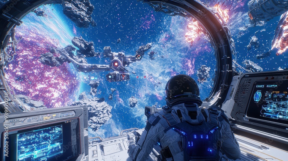 Poster astronaut looking out of spaceship window at nebula and asteroids