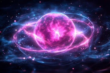 Obraz premium A vivid pink sphere surrounded by luminous energy in a dark cosmic expanse filled with distant stars and dynamic swirls. Generative AI
