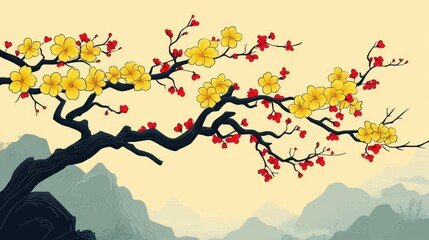 Naklejka premium Blooming Yellow Flowers on a Branch with a Mountain Background