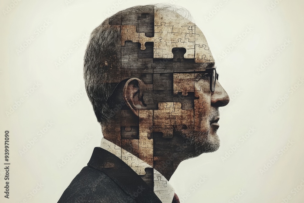 Poster digital portrait of a businessman with a puzzle piece face symbolizing the complexities of decision 