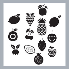 Fruits silhouette icon set, symbol style, Fruits Apple, banana, orange, mango, grape, pineapple, strawberry, watermelon, pear, cherry, kiwi, blueberry, papaya, peach, pomegranate silhouette