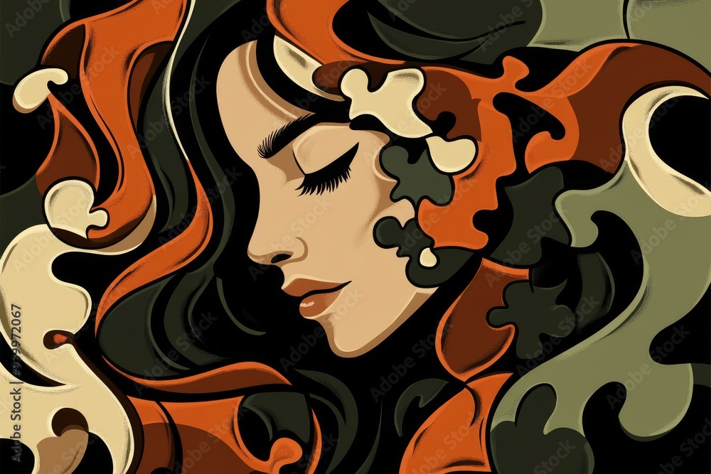 Poster abstract vectorized portrait of a woman with swirling patterns and puzzle pieces representing the fl