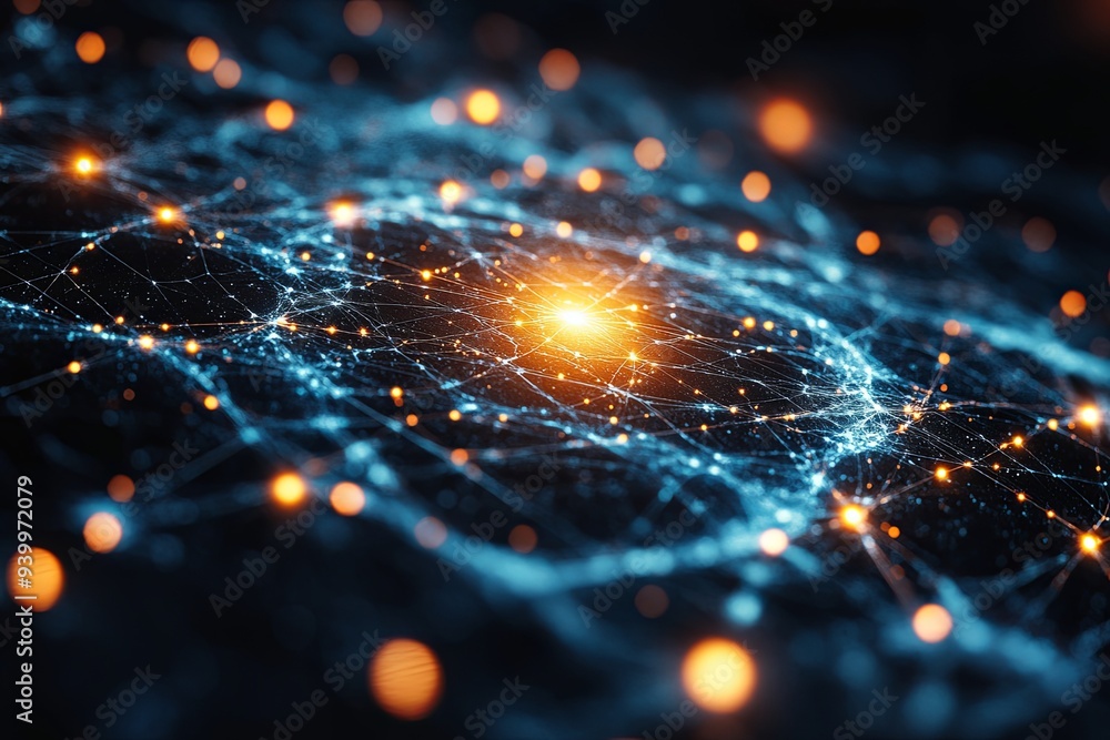Poster a glowing network of nodes and lines pulses with energy, showcasing the vibrant nature of today's di