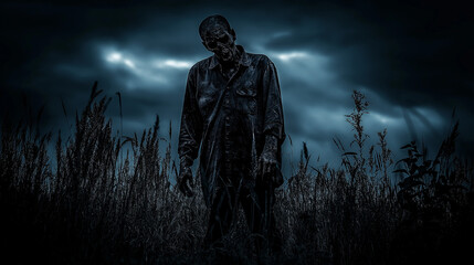 Fototapeta premium Night of the Undead: A solitary zombie stalks through a desolate field, illuminated by an eerie, stormy sky - a chilling vision of horror.