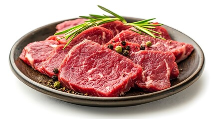 Raw beef slices on plate isolated on white background.
