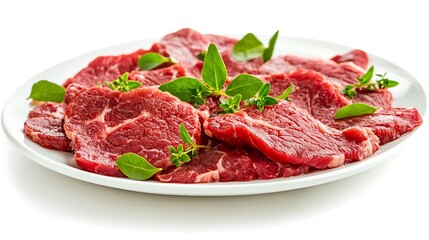 Raw beef slices on plate isolated on white background.