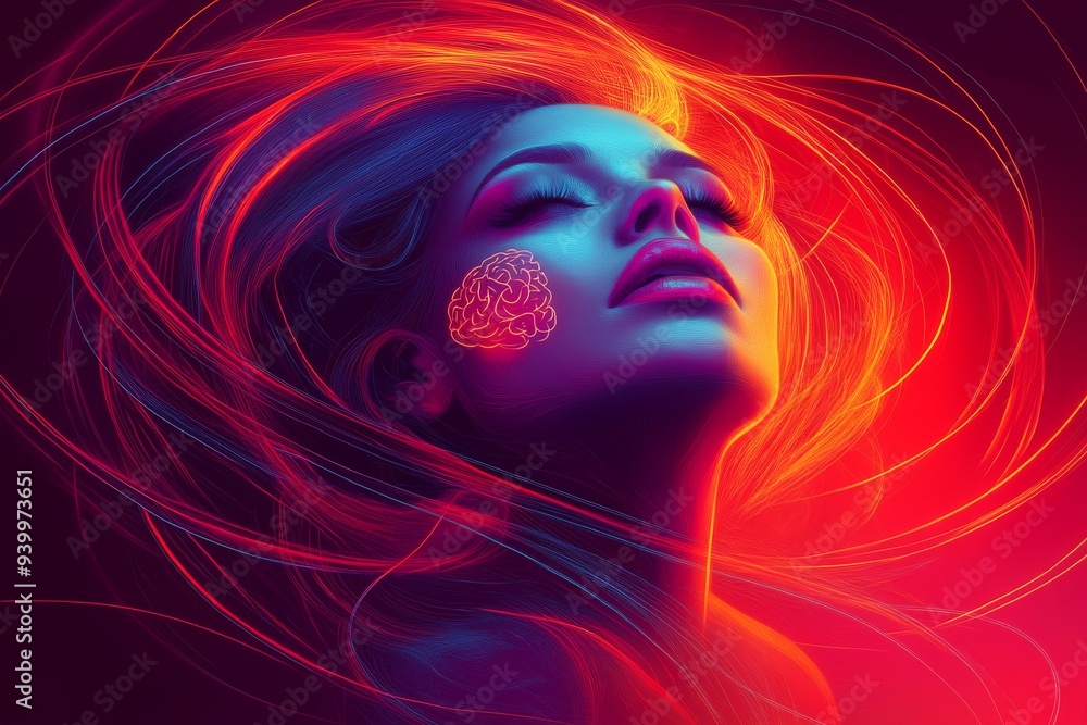 Poster surreal portrait of a woman with red glowing lines and a brain pattern representing the fusion of em