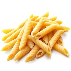 Uncooked Penne Pasta on White Background.