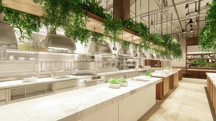 Modern Kitchen Interior Design with Marble Countertop and Greenery