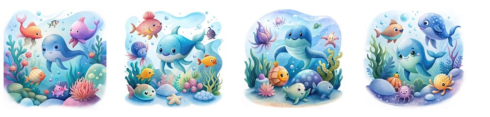Watercolor illustration of adorable sea animals in an underwater scene, white background