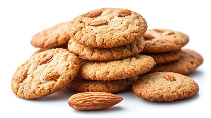 Pile of almond cookies isolated on white background.