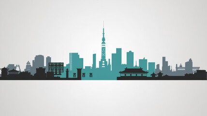 A minimalist vector illustration of the Japan Tokyo skyline in a white background. The design uses simple shapes and lines. There Are silhouettes of buildings in grey and turquoise.