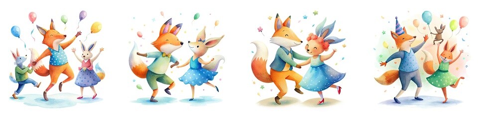 Watercolor celebration with dancing fox and bunny at a birthday party, white background