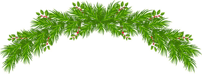 Christmas garland with holly berries. Christmas tree branches decorated with leaves. on transparent, png