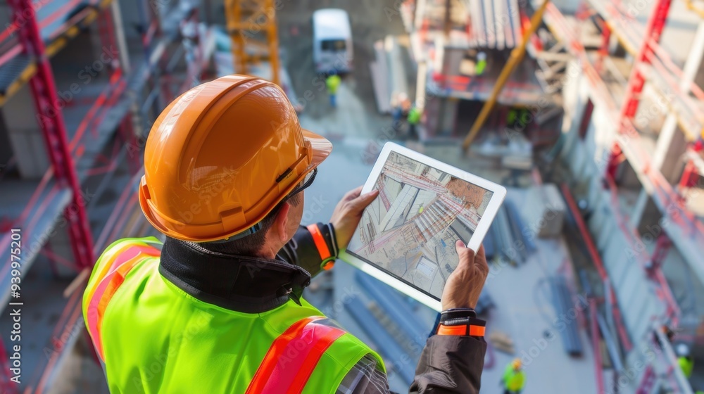 Poster worker using a tablet with map for planning or navigation, suitable for illustrations about construc