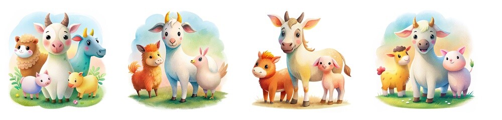 Cute farm animals illustrated in watercolor, white background