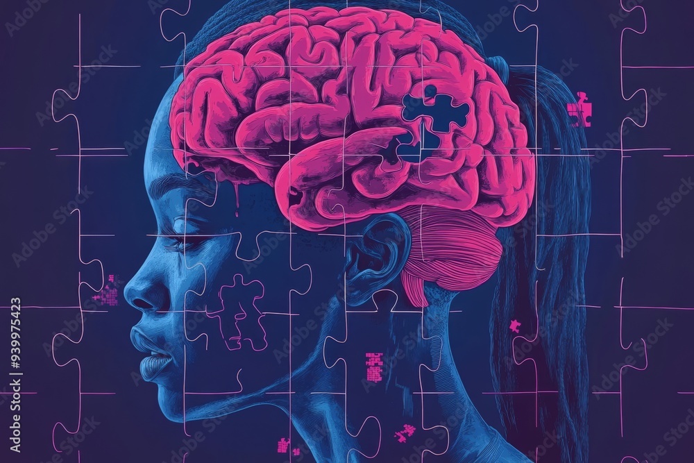 Poster abstract neon illustration of a brain with puzzle pieces symbolizing the convergence of thought crea