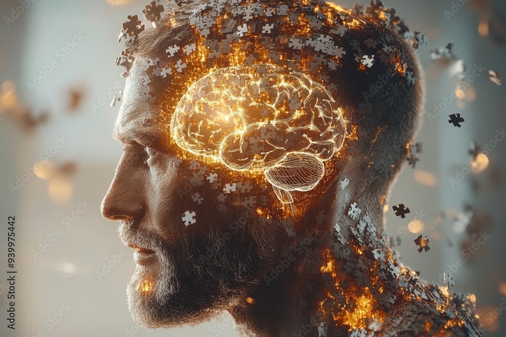 Poster digital portrait of a man with a glowing brain symbolizing the interplay between memory thought and 