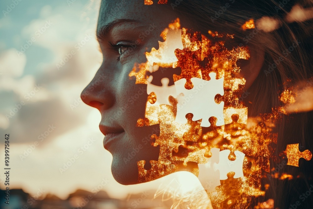 Poster portrait of a woman with puzzle pieces blending into her face symbolizing the complexity of thought 