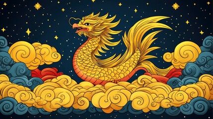 Obraz premium Golden Dragon Flying Through Clouds at Night