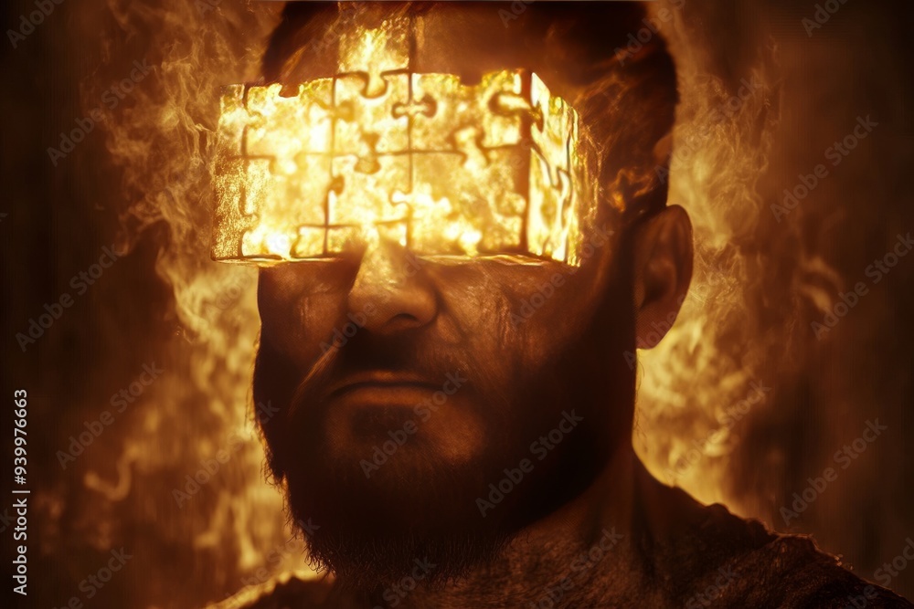 Poster portrait of a man with a glowing head made of puzzle pieces symbolizing the intricate process of tho