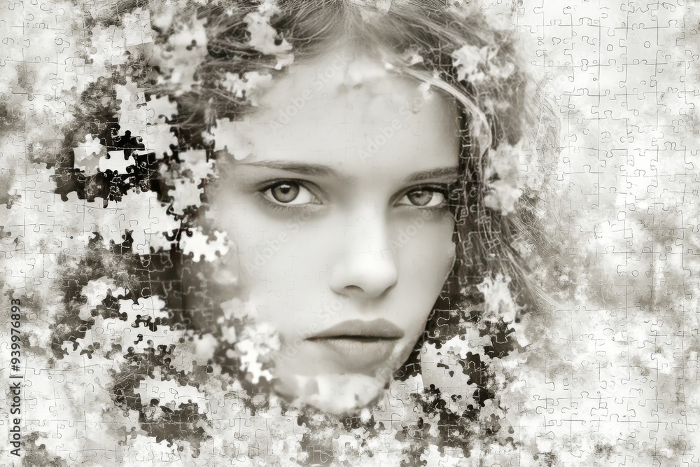 Poster surreal portrait of a woman with her face dissolving into puzzle pieces symbolizing the fragmented n