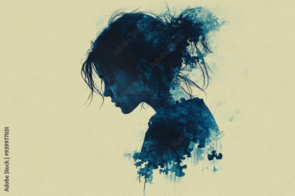 Poster profile of a woman with a brain disintegrating into particles symbolizing the fragility of thought m