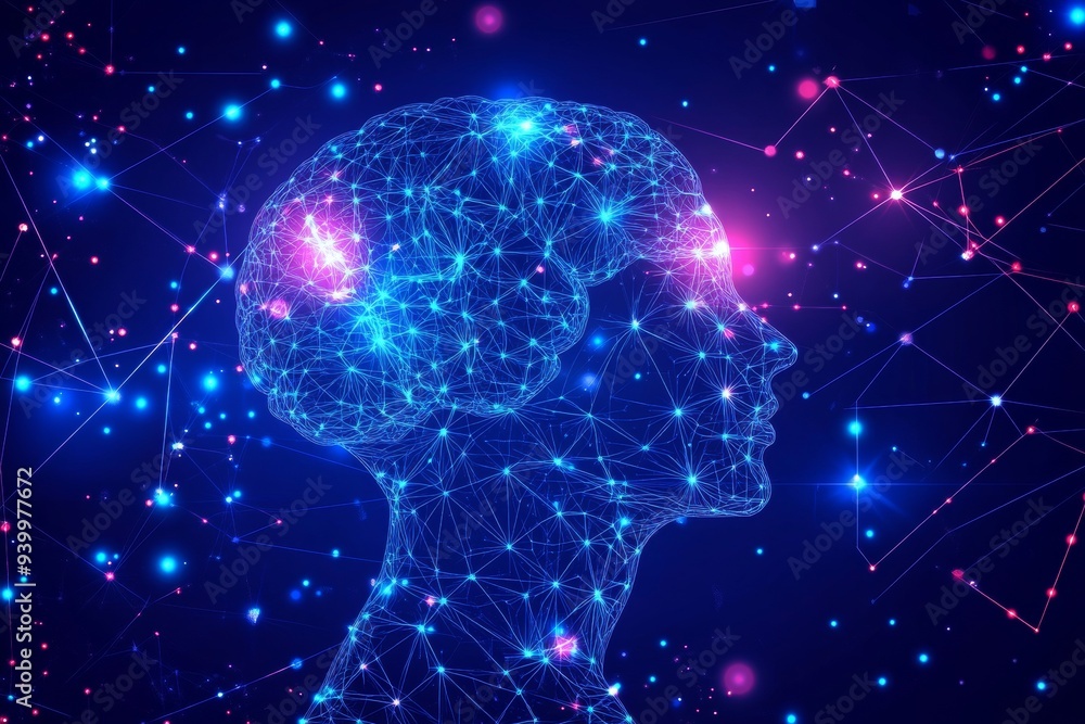 Poster futuristic illustration of glowing brain with interconnected neural network symbolizing advanced cog