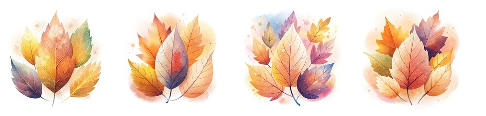 Obraz premium Delicate watercolor autumn leaves in a soft color palette, white background