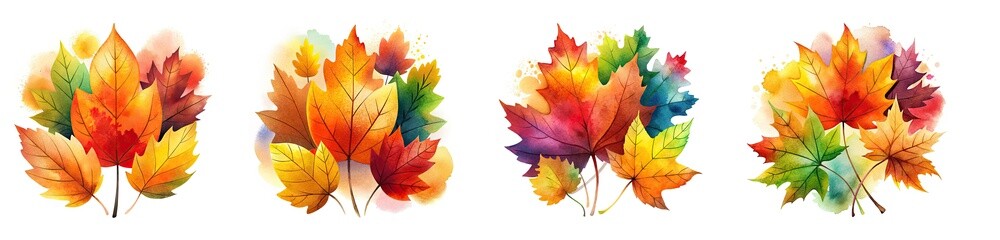 Watercolor painting of autumn foliage in vibrant colors, white background