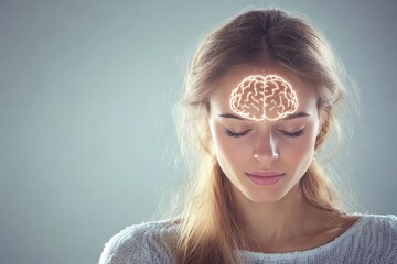 Elegant portrait of a woman with a glowing brain overlay symbolizing the convergence of thought emotion and identity in a sleek modern design
