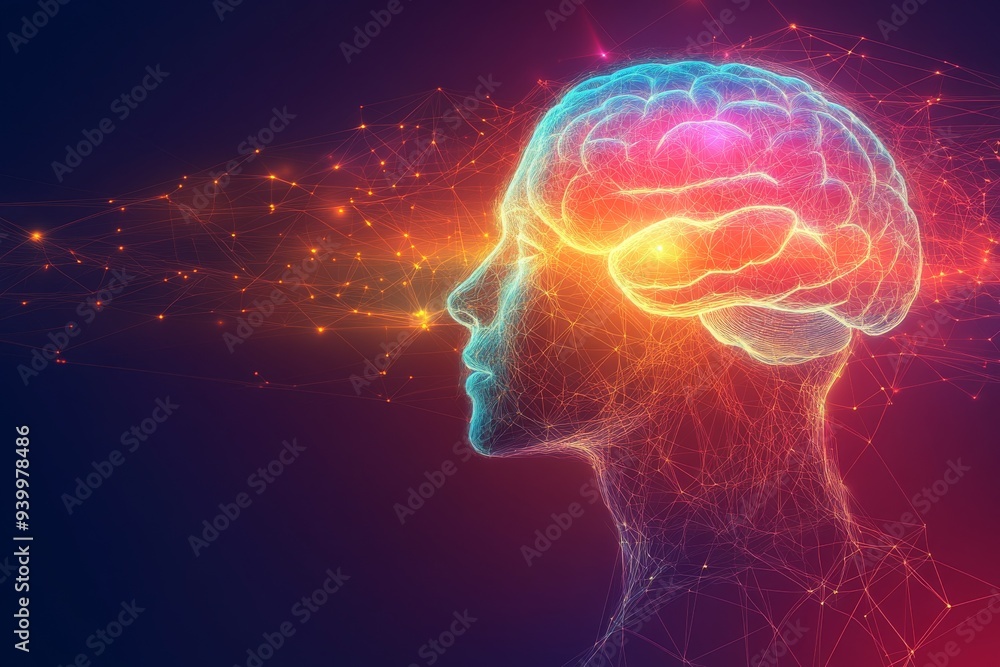 Aufkleber futuristic profile of a human head with a glowing brain symbolizing the integration of technology th