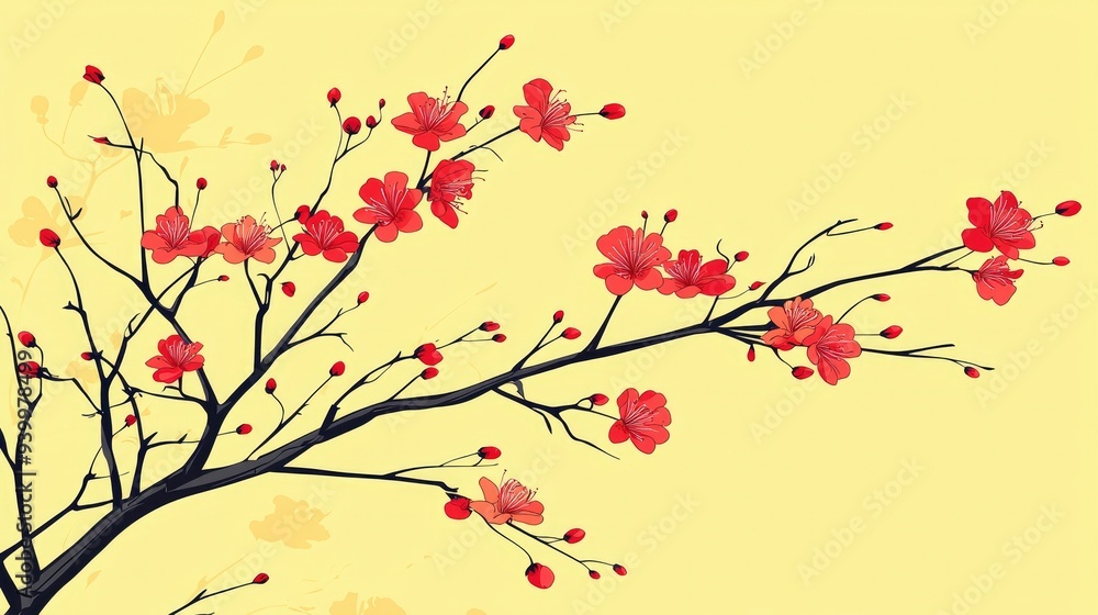 Poster Blooming Cherry Blossom Branch with Pastel Yellow Background