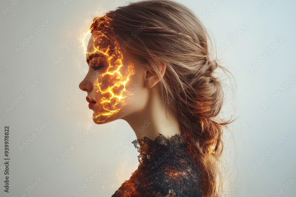 Aufkleber portrait of woman with glowing puzzle pieces blending into face symbolizing intricate connections be