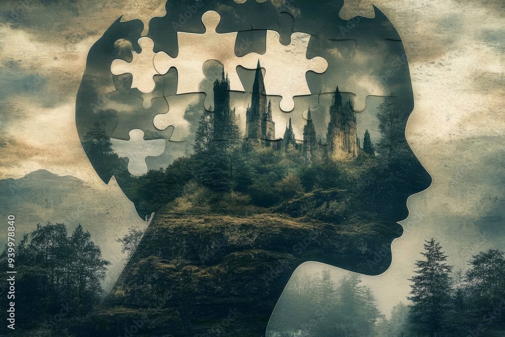 Aufkleber surreal silhouette of a human head with puzzle pieces symbolizing the mysteries of thought memory an