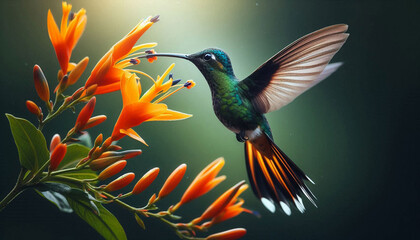Obraz premium Hummingbird Long-tailed Sylph, Aglaiocercus kingi with orange flower, in flight. Hummingbird from Colombia in the bloom flower, wildlife from tropic jungle.