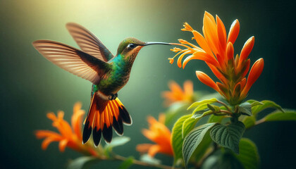 Obraz premium Hummingbird Long-tailed Sylph, Aglaiocercus kingi with orange flower, in flight. Hummingbird from Colombia in the bloom flower, wildlife from tropic jungle.