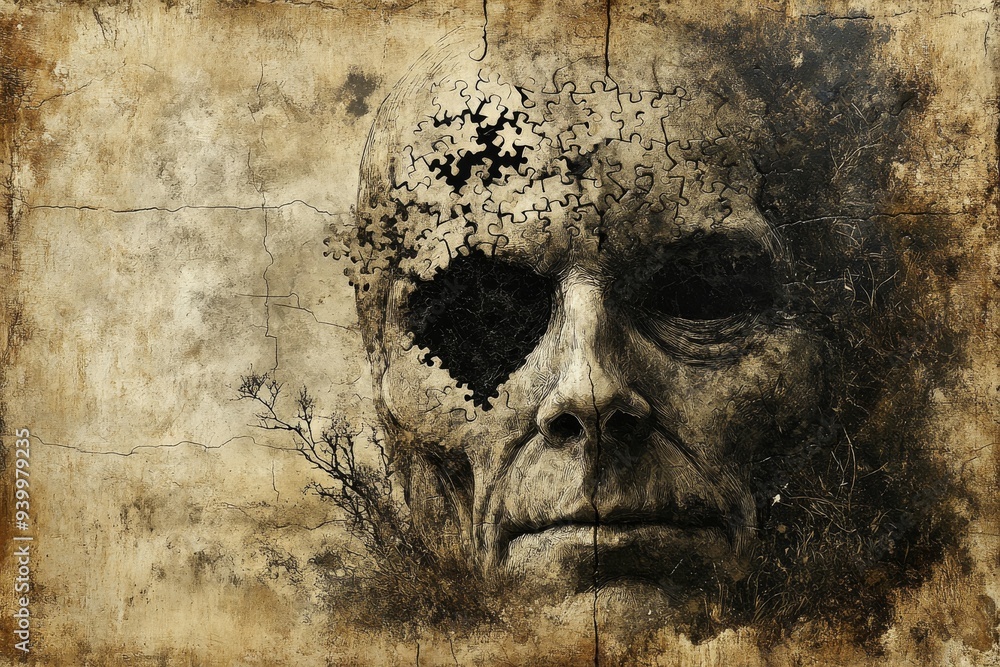 Aufkleber abstract portrait of a weathered face dissolving into particles symbolizing the erosion of memory id