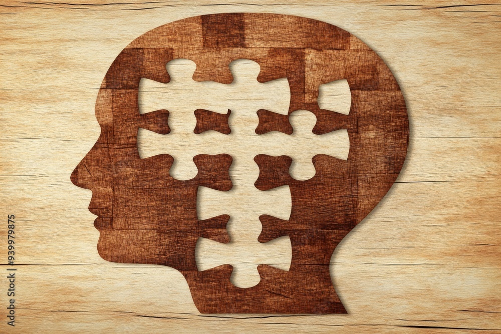 Poster wooden profile of a human head with puzzle pieces symbolizing the enduring complexities of memory th