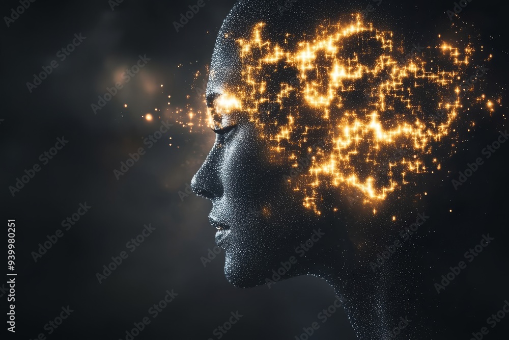 Aufkleber surreal portrait of a woman with glowing patterns symbolizing the explosive power of creativity thou
