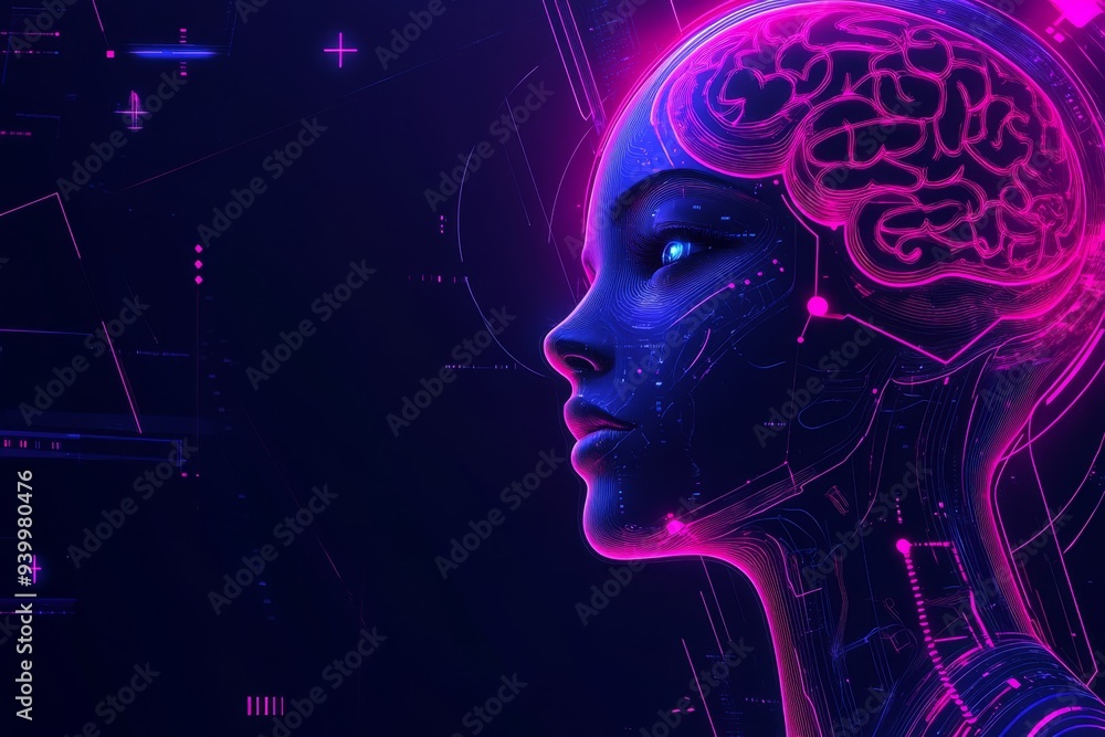 Aufkleber futuristic profile of a woman with glowing neural circuits symbolizing the intersection of thought t