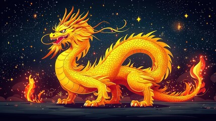 Obraz premium Golden Dragon in a Starry Night
