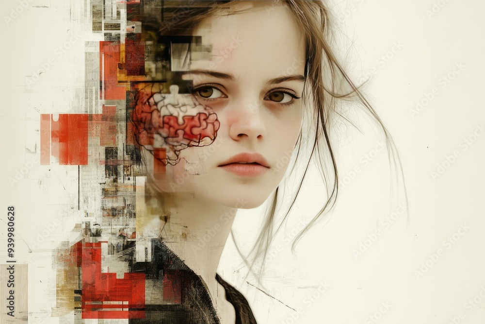 Aufkleber abstract portrait of a woman with fragmented facial features symbolizing the complexities of identit