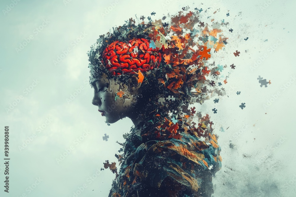 Aufkleber surreal portrait of a woman with her head disintegrating into particles symbolizing the fragility of