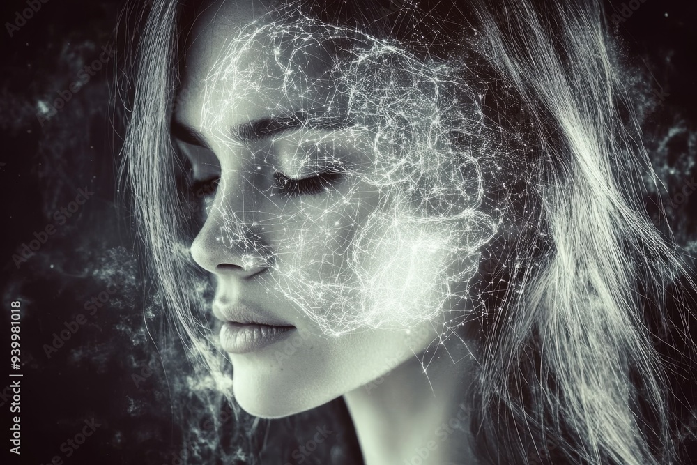 Aufkleber abstract portrait of a woman with her face dissolving into neural patterns symbolizing the intricate